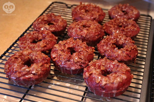 Droolius baked red velvet donut candied bacon recipe